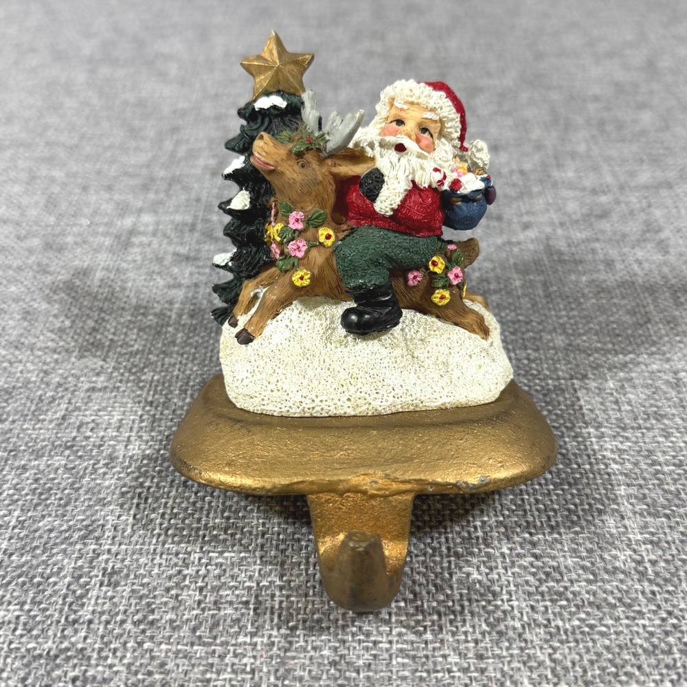 VTG K's Collection Santa Reindeer Tree Christmas Stocking Holder Gold Base Resin